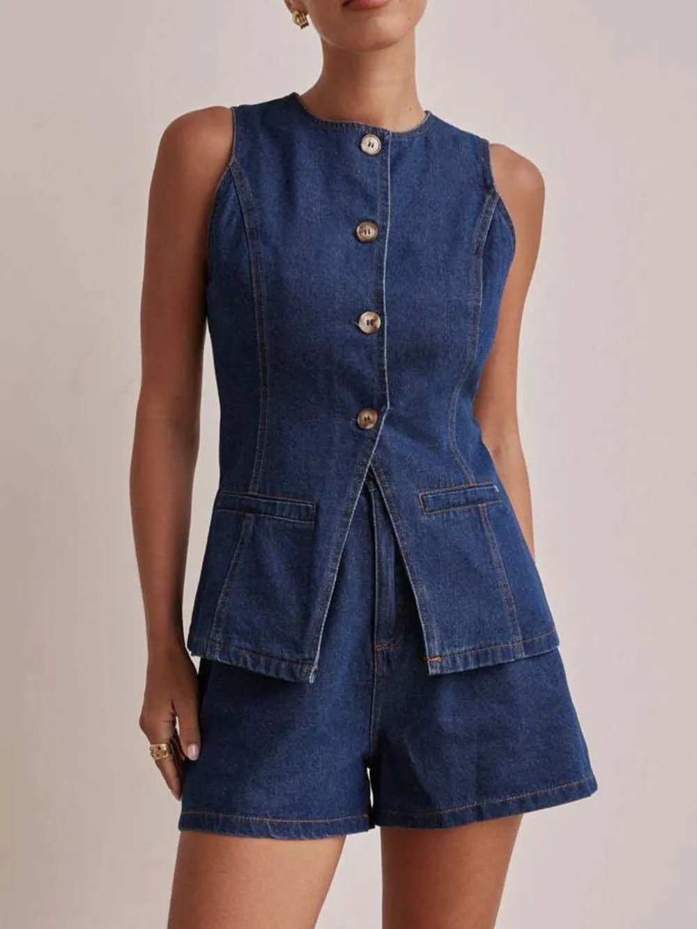 Button Down Vest and Shorts Denim Set, image 6