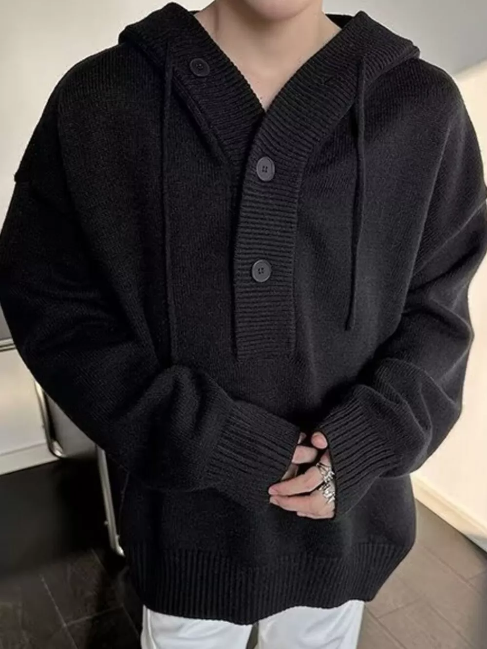 Men's Plus Size Hooded Button Detail Knit Sweater, image 2