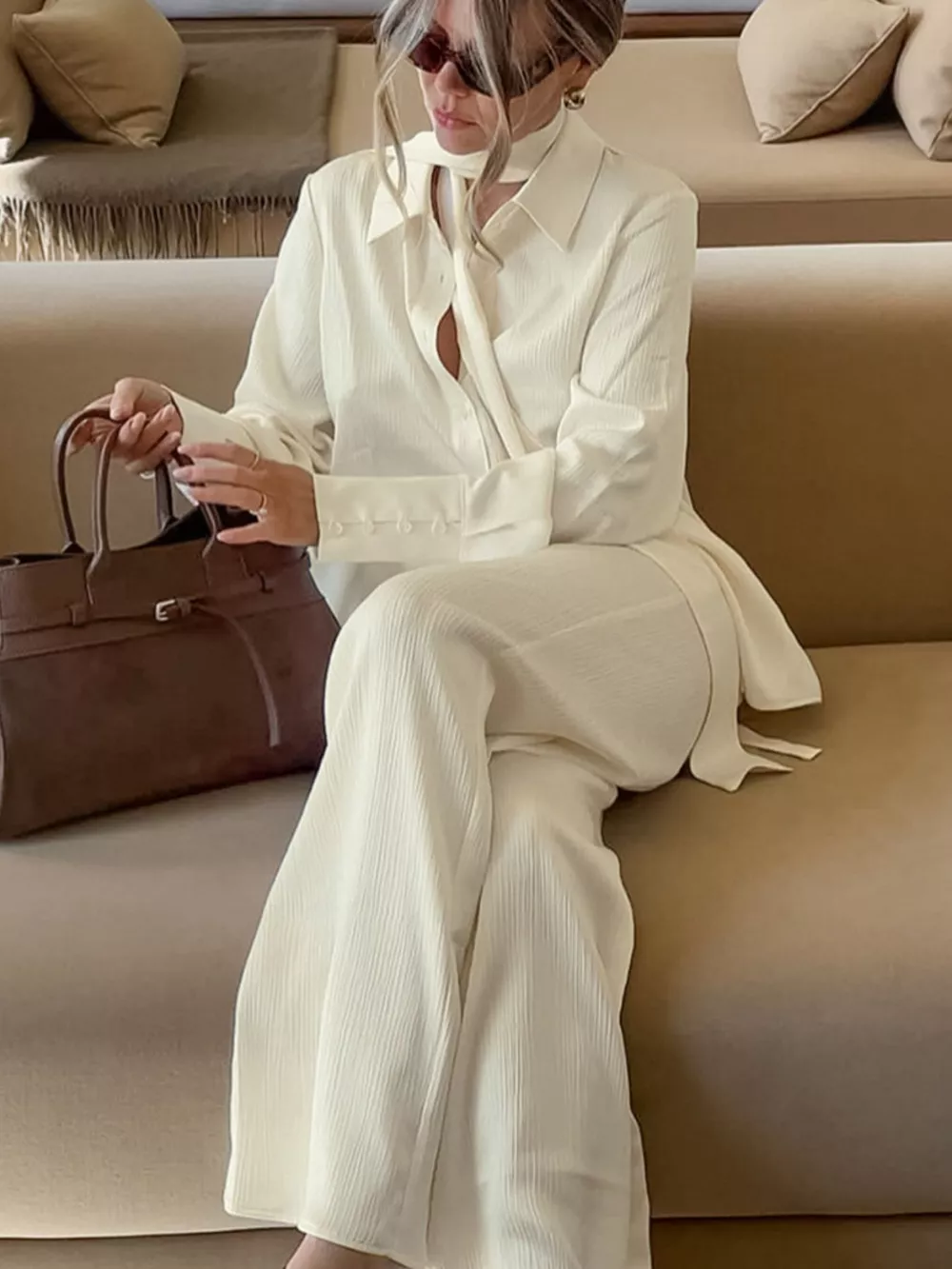Texture Shirt and Wide-Leg Pants Set, image 2