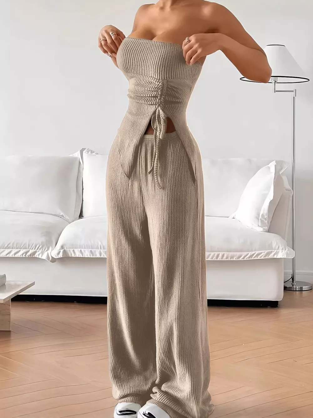 Ribbed Knit Tube Top and Wide Leg Pants Set, image 4