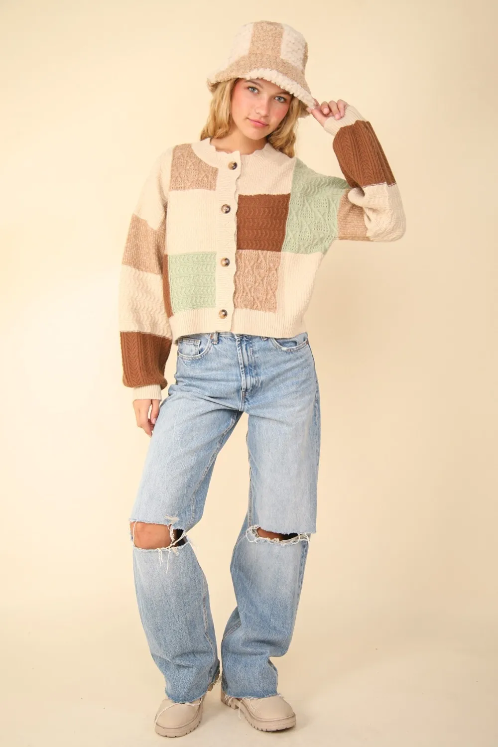 Color Block Button Down Textured Sweater Cardigan, image 4
