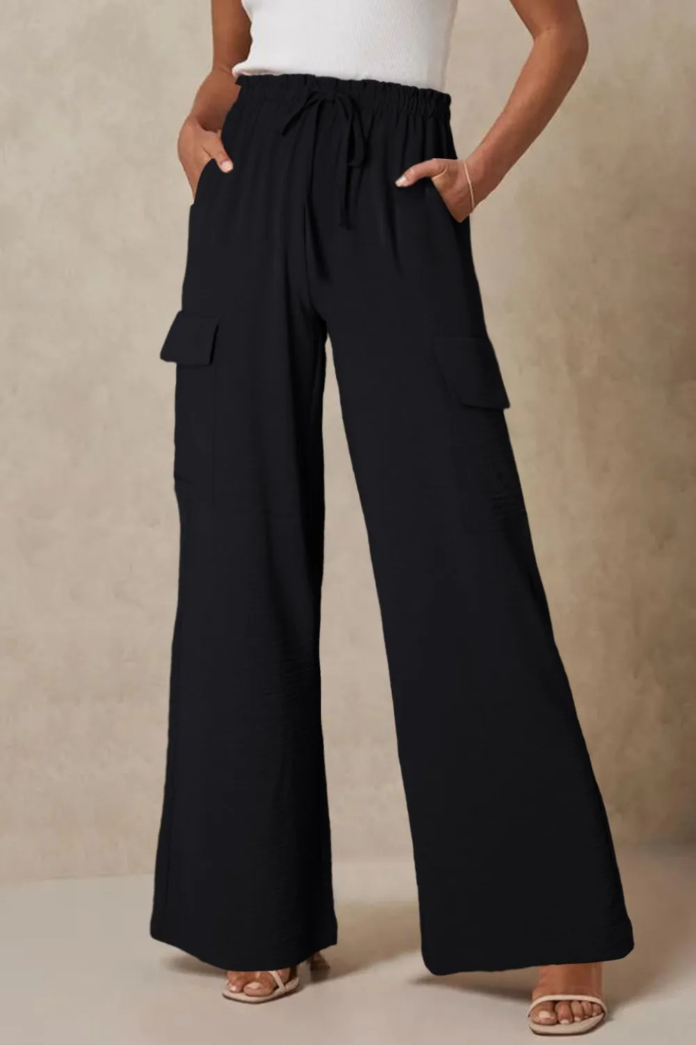 Drawstring Frilled Waist Wide Leg Utility Trousers, image 15