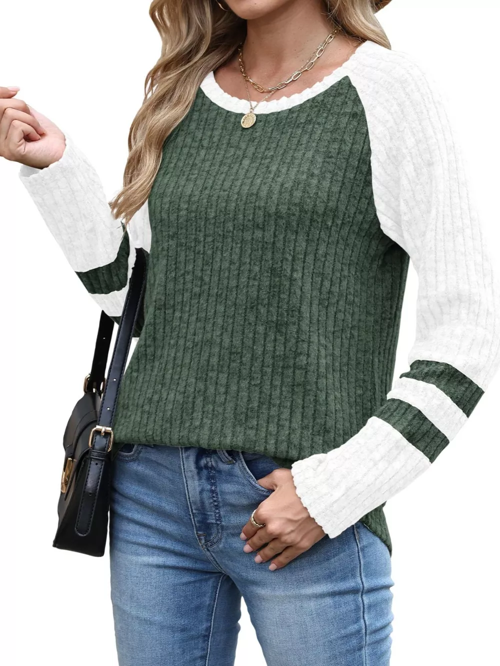 Ribbed Knit Raglan Long Sleeve T-Shirt, image 13