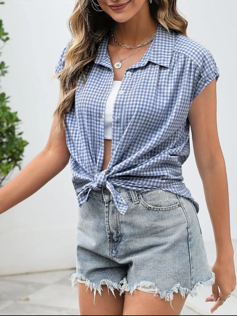 Plaid Button Up Cap Sleeve Shirt, image 4