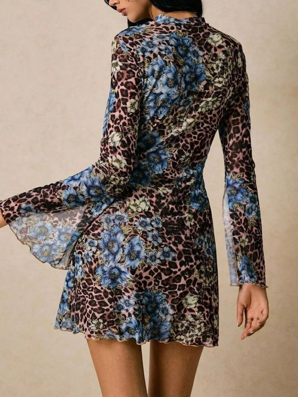 Floral Leopard Print Slit Sleeve Mini Dress, image 4