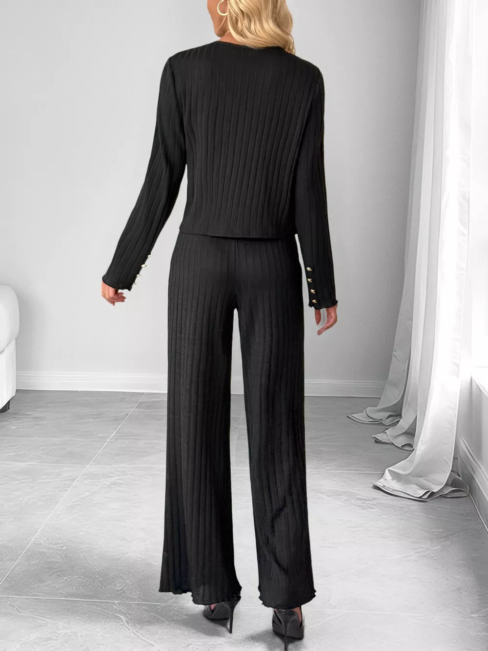 Ribbed Knit Cardigan & Wide Leg Pants Set, image 11