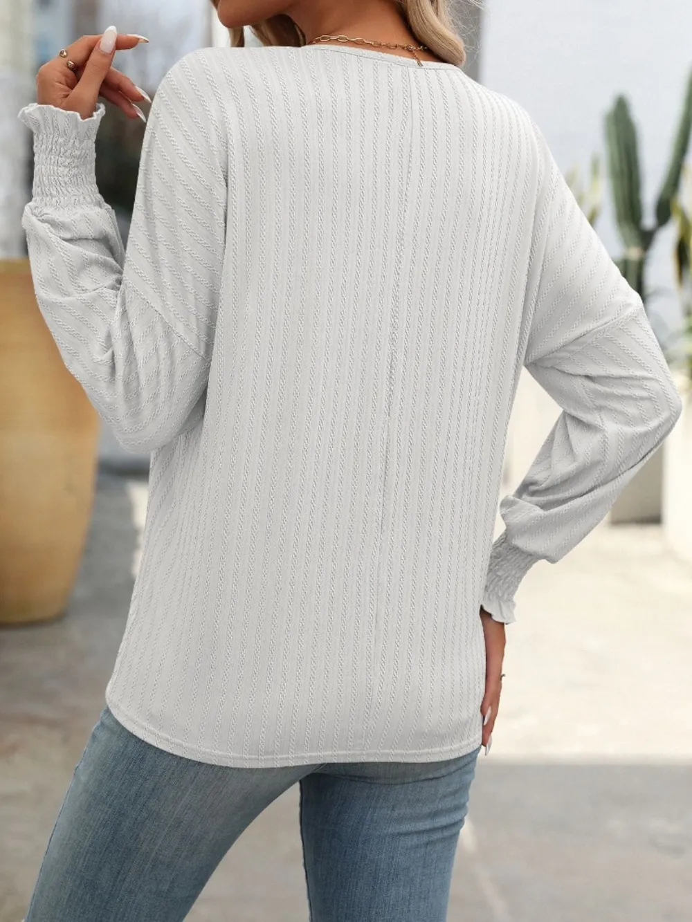 Textured Notched Lantern Sleeve T-Shirt, image 16