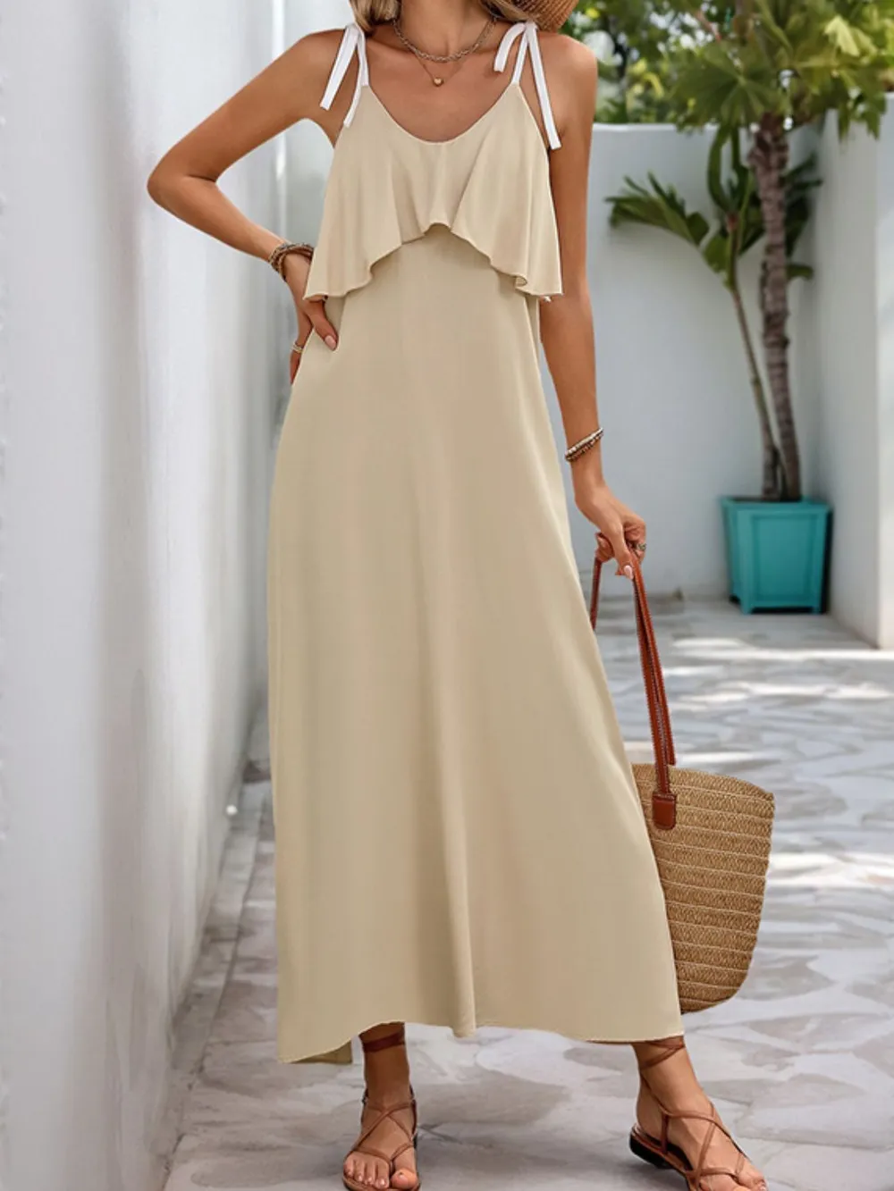 Tied Ruffled Scoop Neck Sleeveless Dress