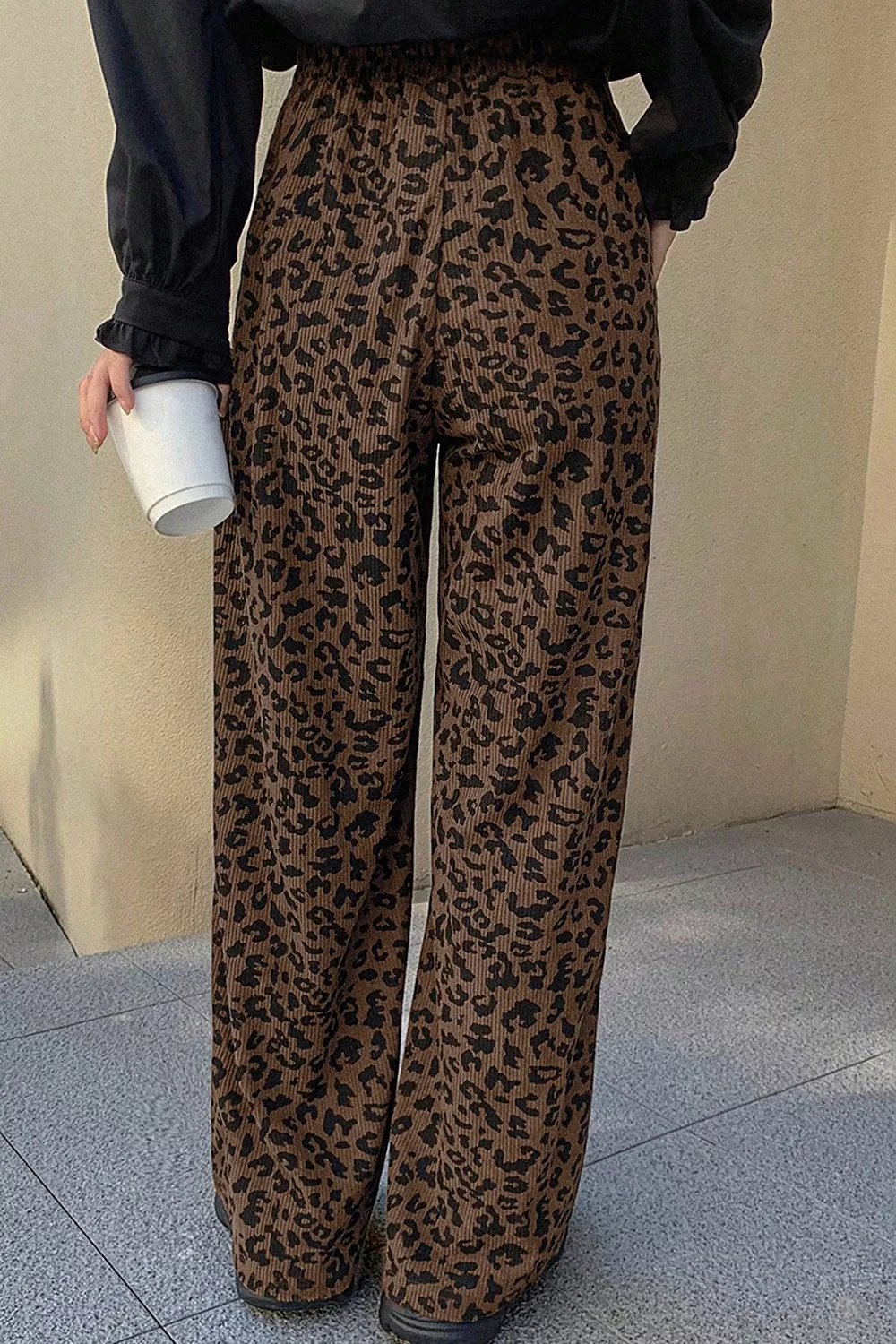 Leopard Print Elastic High Waist Loose Corduroy Pants, image 5