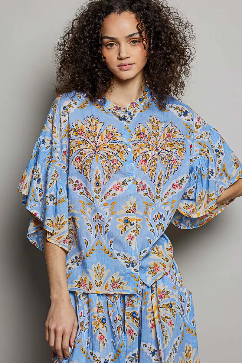 Floral Printed Woven Ruffle Sleeve Shirt, image 2