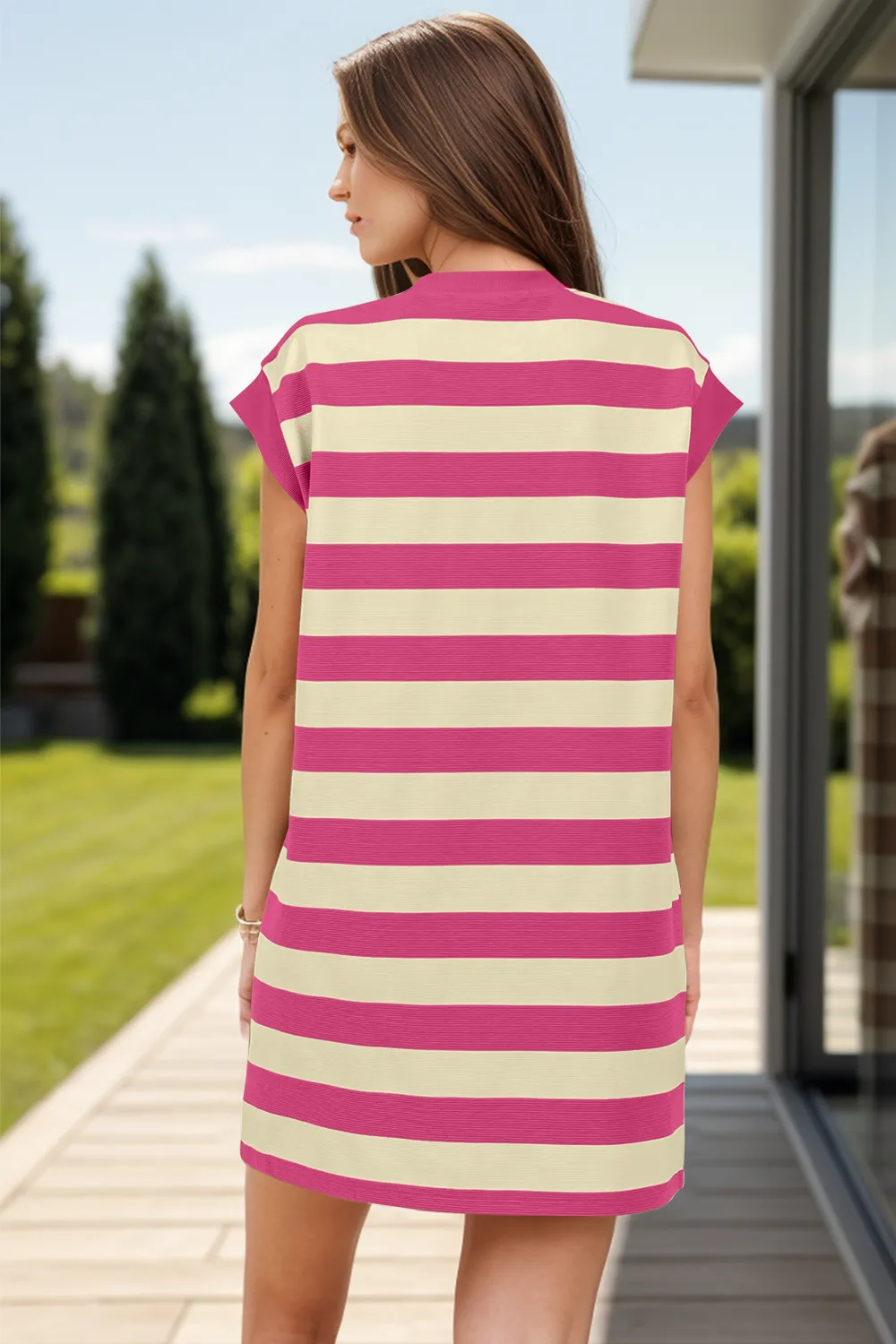 Striped Round Neck Cap Sleeve Mini Dress, image 17