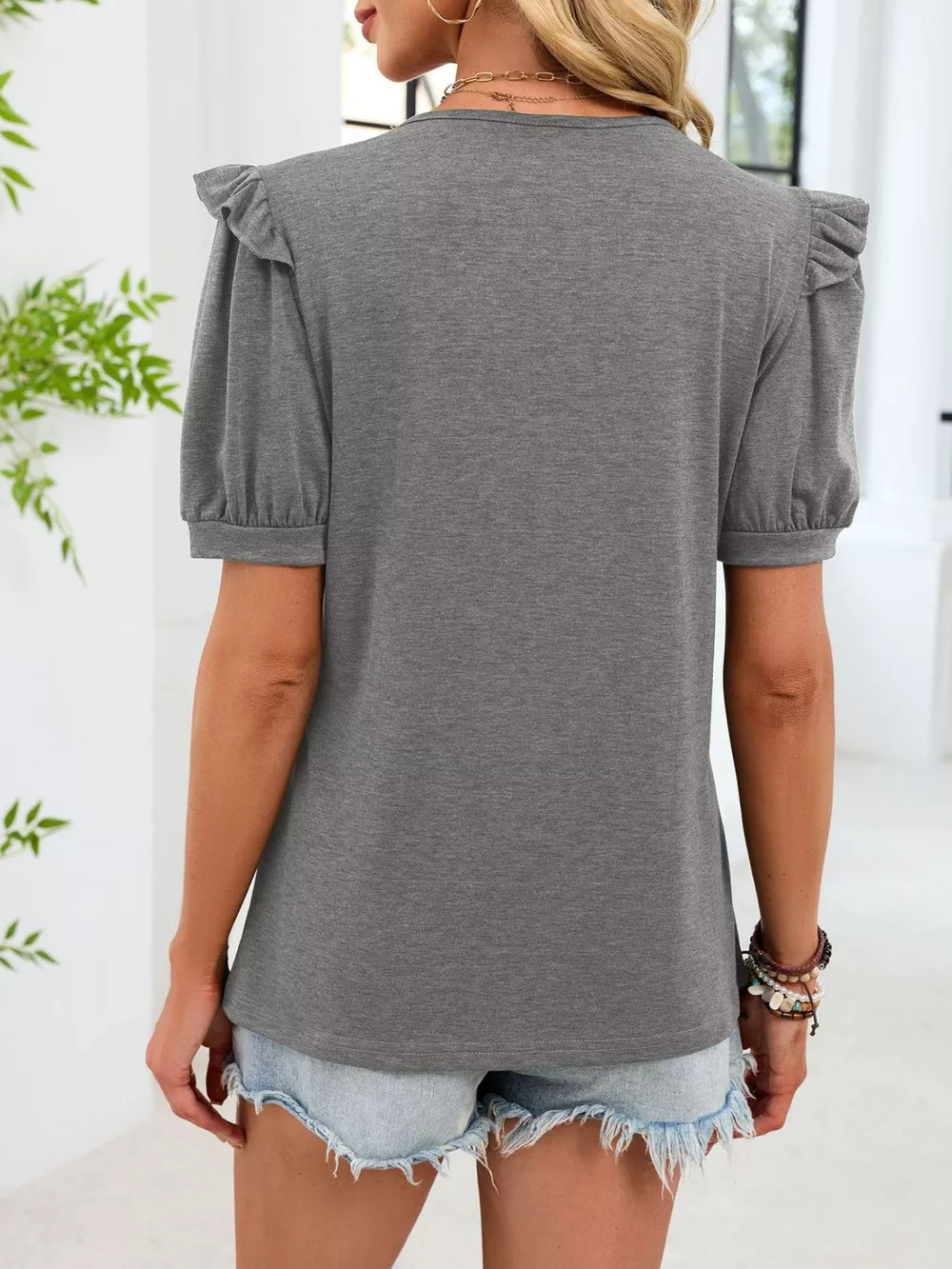 Ruffled Solid Color Short Sleeve T-Shirt, image 22