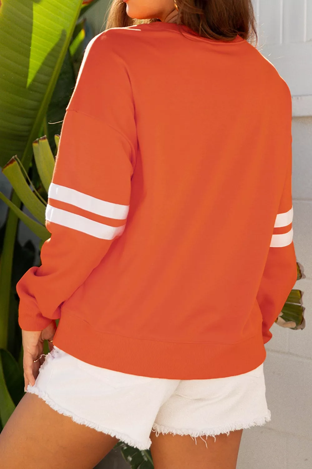 Spooky Season Ghost Graphic Varsity Striped Sleeve Halloween Pullover Sweatshirt, image 5