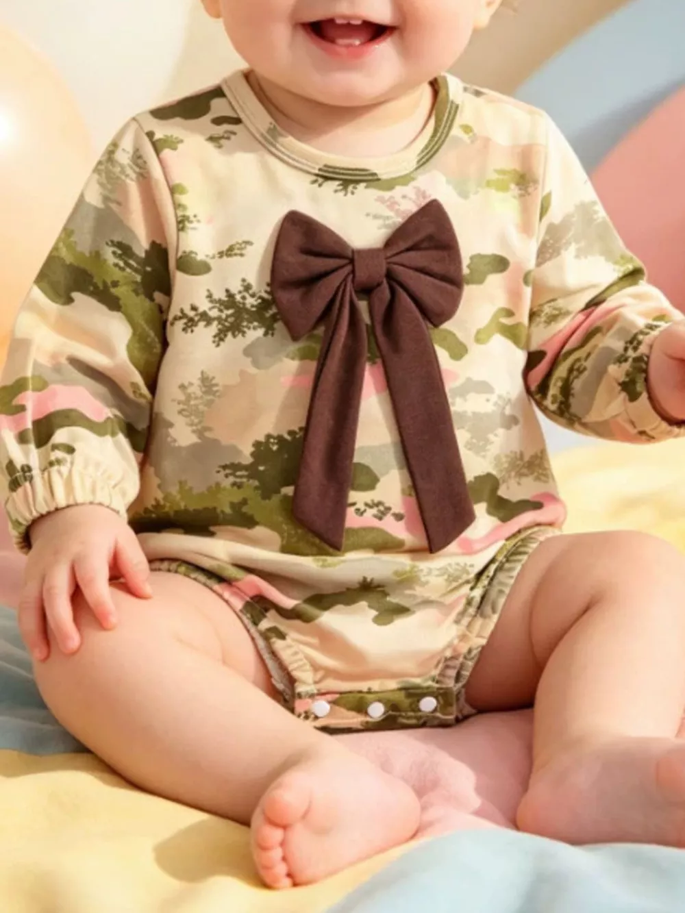 Children's Camouflage Print Long Sleeve One-Piece with Bow, image 2
