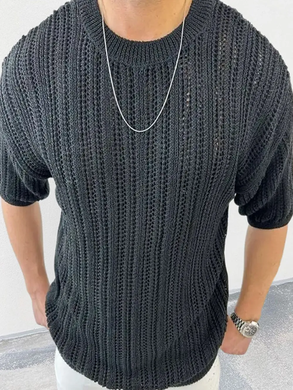 Men's Openwork Round Neck Knit T-Shirt, image 2