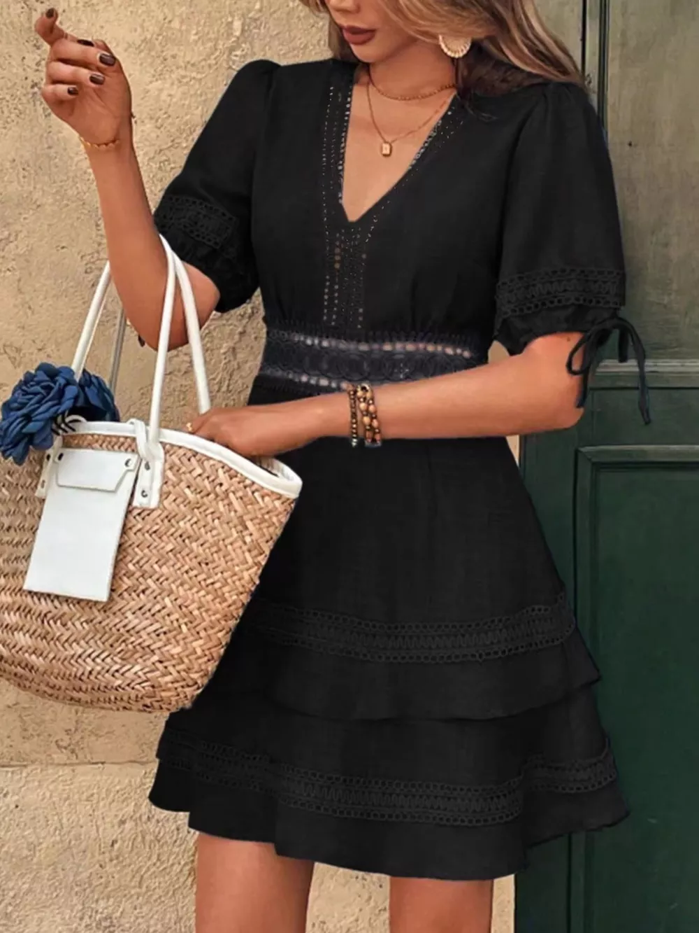 Lace Detail V-Neck Mini Dress, image 6