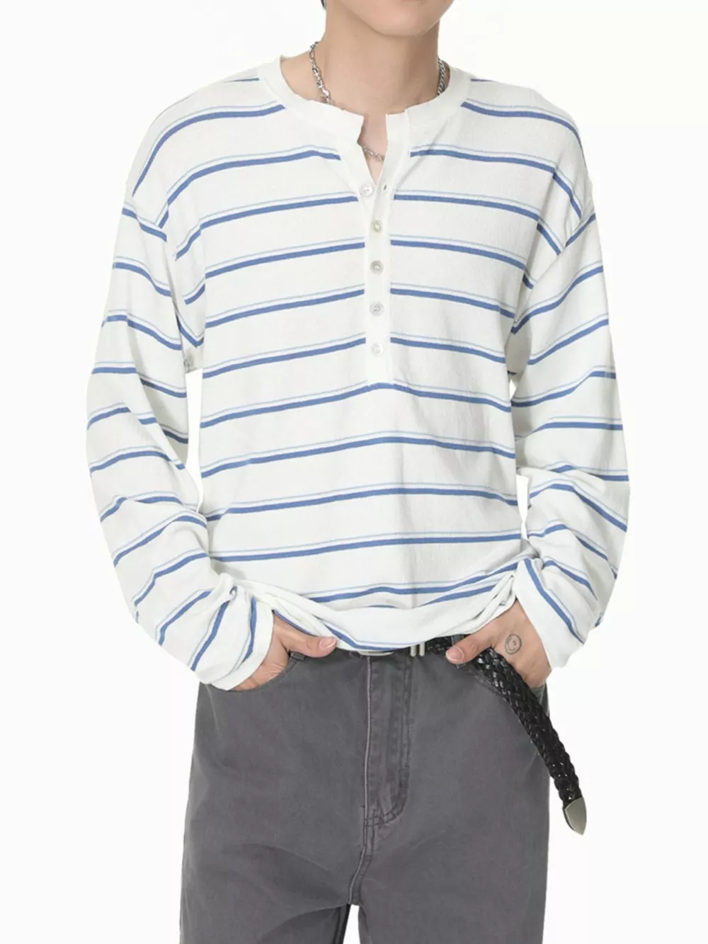 Men's Striped Button Detail Henley T-Shirt, image 2