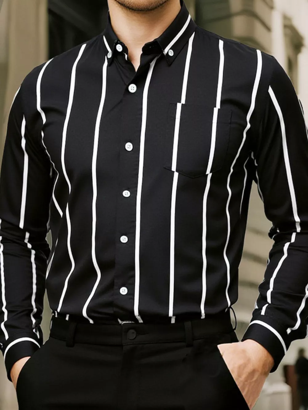 Men's Plus Size Slim Fit Striped Button Up Shirt