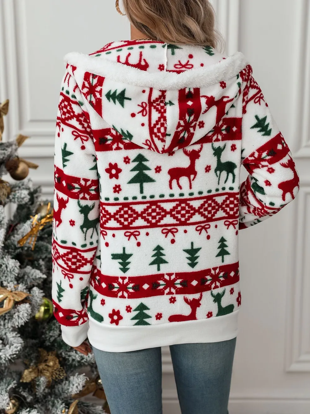Drawstring Christmas Element Zip Up Hooded Jacket, image 6