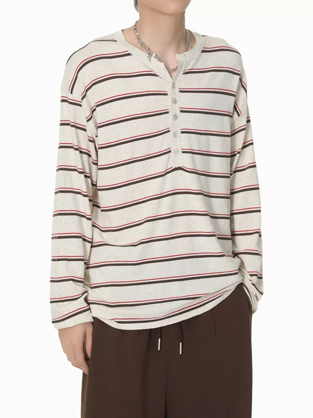 Men's Striped Button Detail Henley T-Shirt, image 7