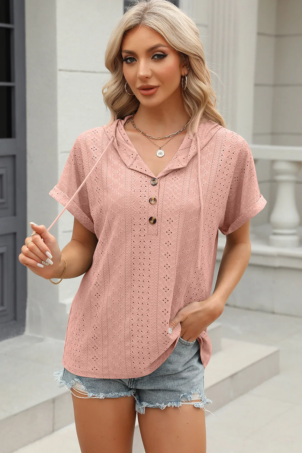 Eyelet Drawstring Hooded Short Sleeve Blouse, image 29