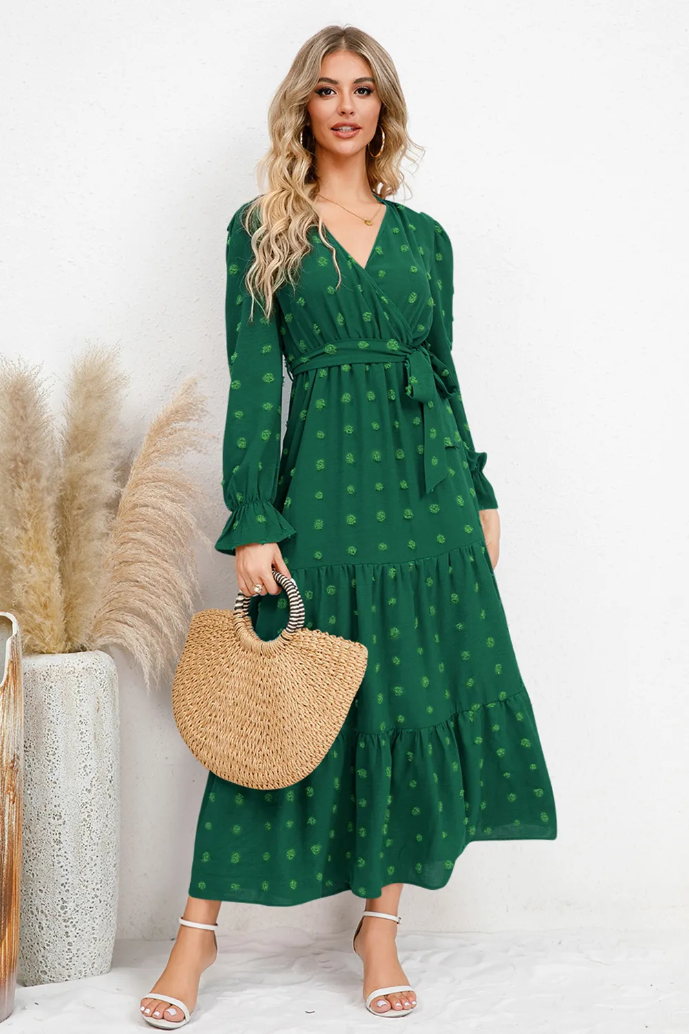 Swiss Dot Tied Surplice Flounce Sleeve Dress, image 2