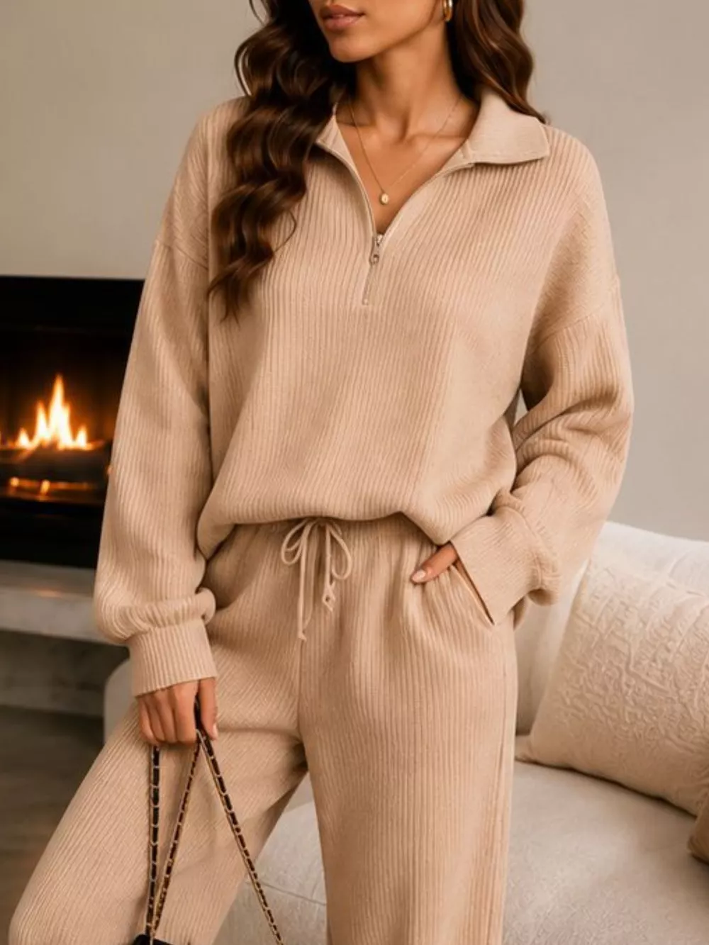 Ribbed Knit Quarter-Zip Top and Wide-Leg Pants Set, image 16