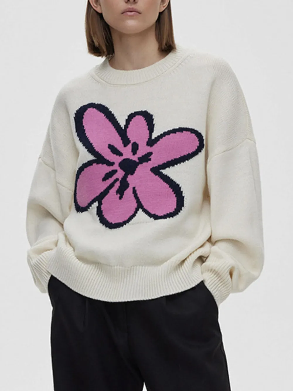 Flower Ribbed Hem Round Neck Sweater, image 3