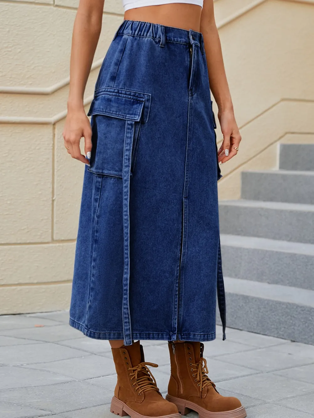 Slit Pocketed High Waist Denim Skirt, image 7
