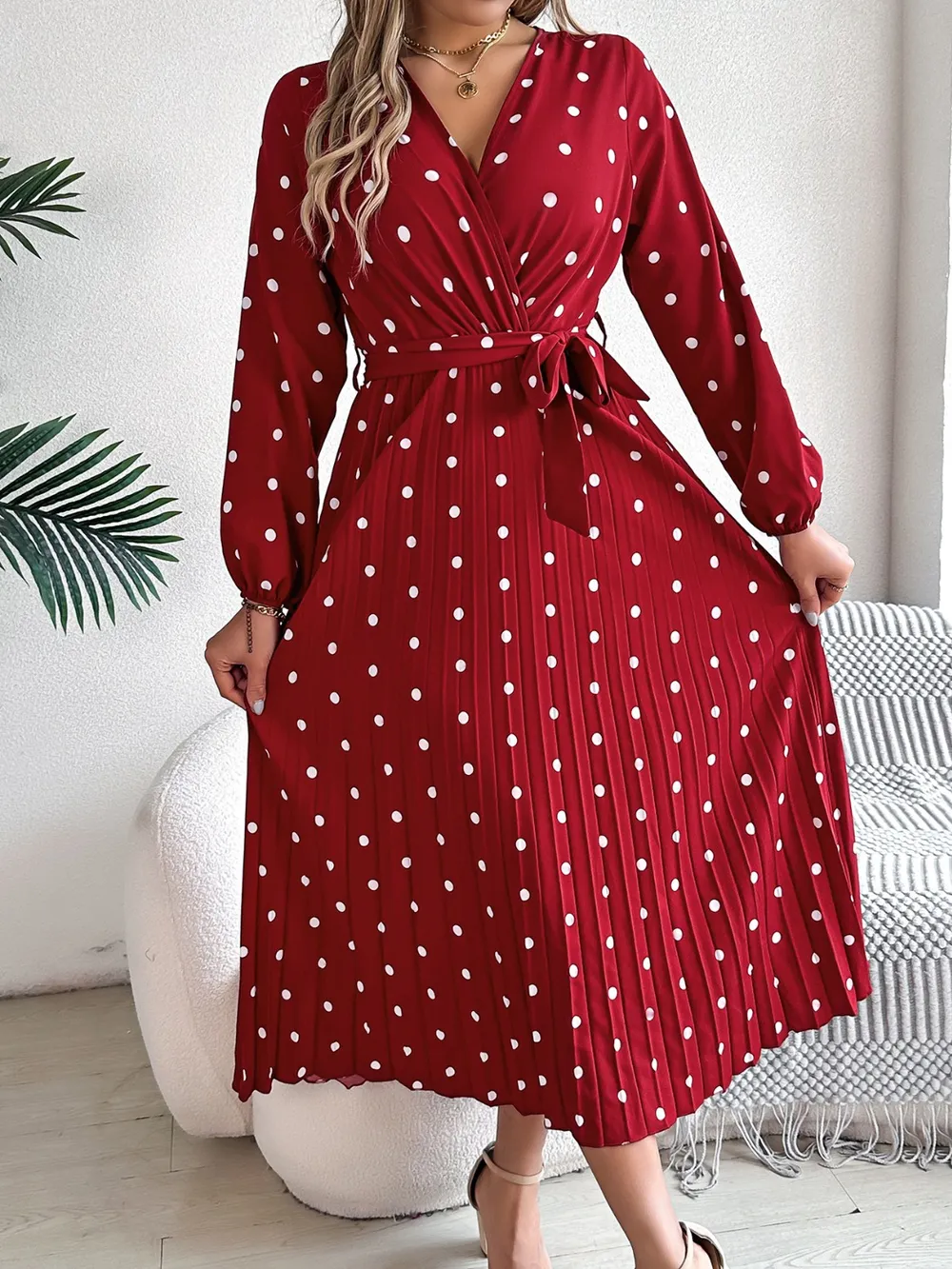 Tied Polka Dot Long Sleeve Midi Dress, image 23