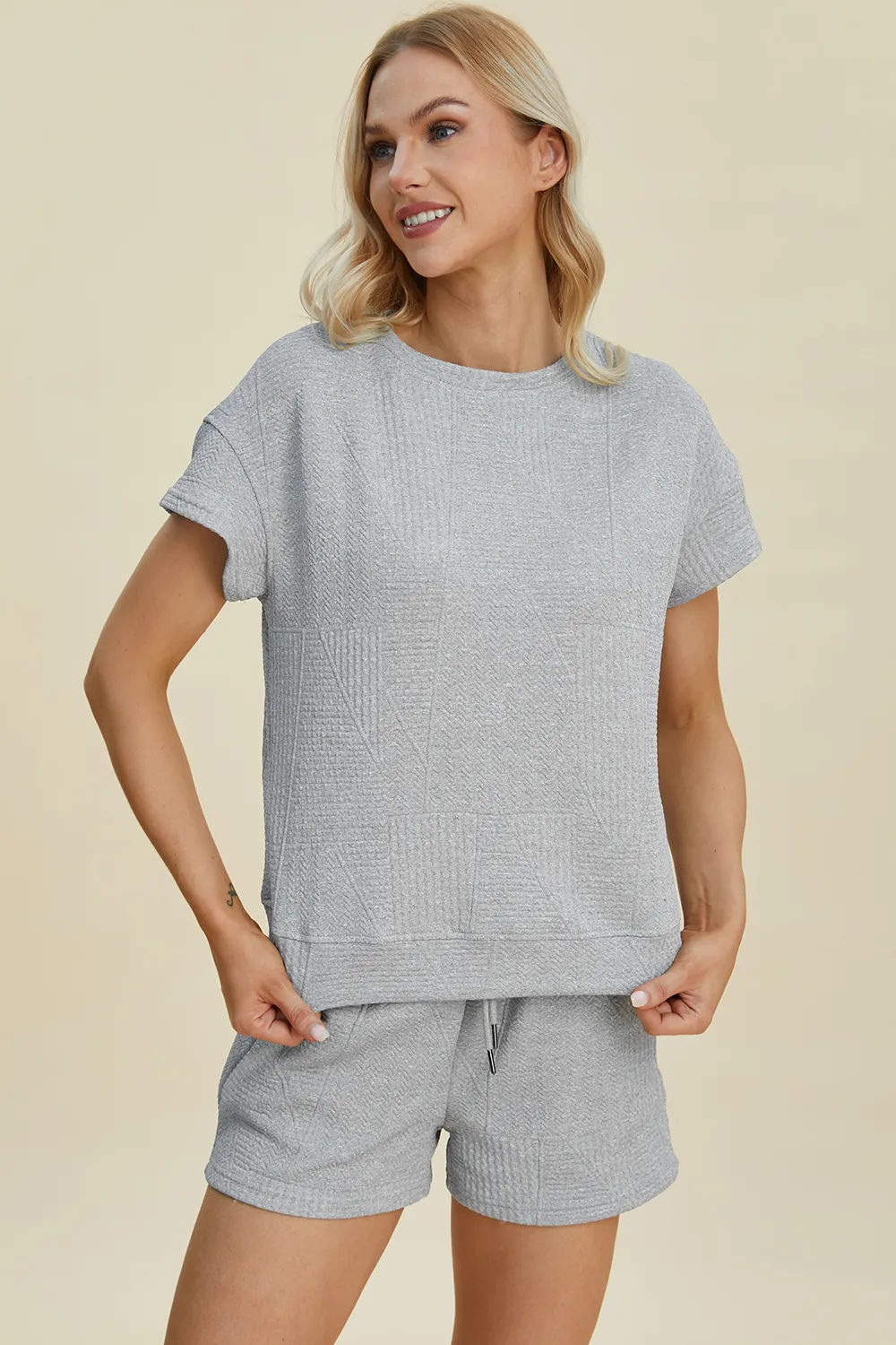Full Size Texture Short Sleeve Top and Shorts Set, image 23