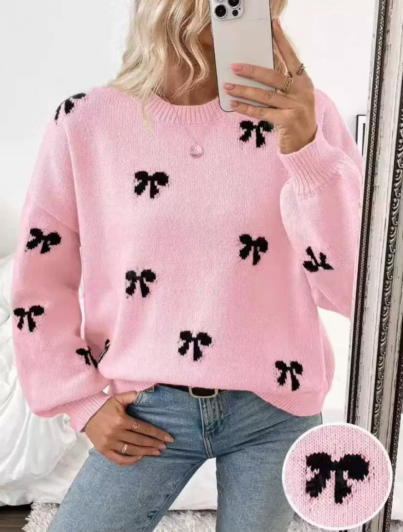 Bow Round Neck Dropped Shoulder Sweater, image 7
