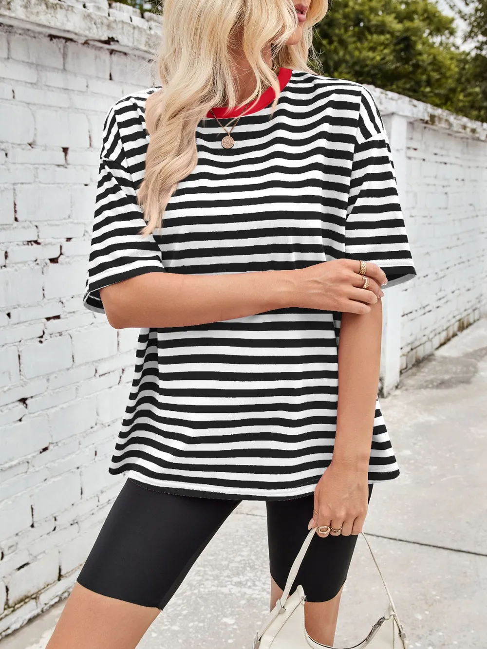 Contrast Striped Round Neck T-Shirt, image 14
