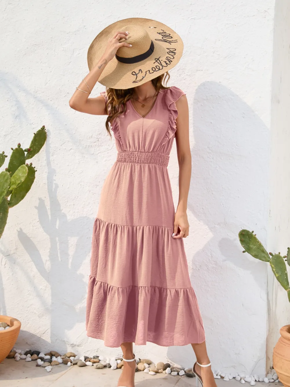 Tiered Ruffled V-Neck Cap Sleeve Dress, image 15