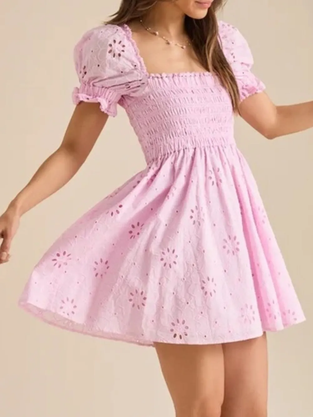 Eyelet Puff Sleeve Smocked Mini Dress, image 8