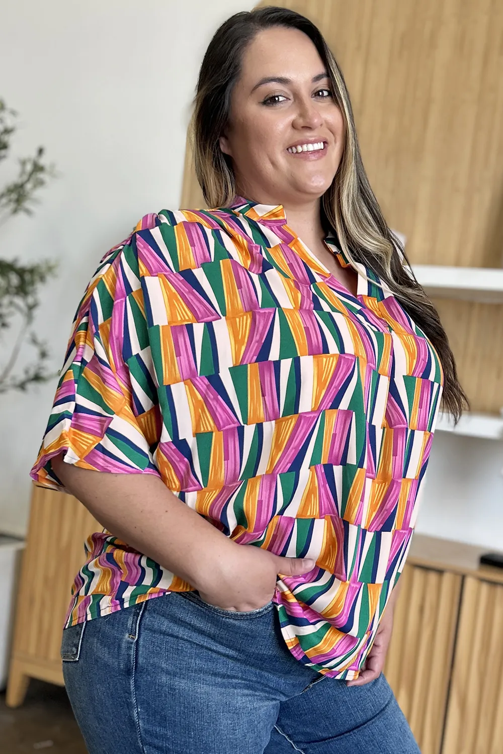 Full Size Geometric Notched Dolman Sleeve Top, image 13