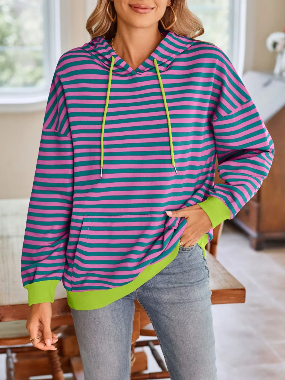 Drawstring Striped Long Sleeve Hoodie, image 8