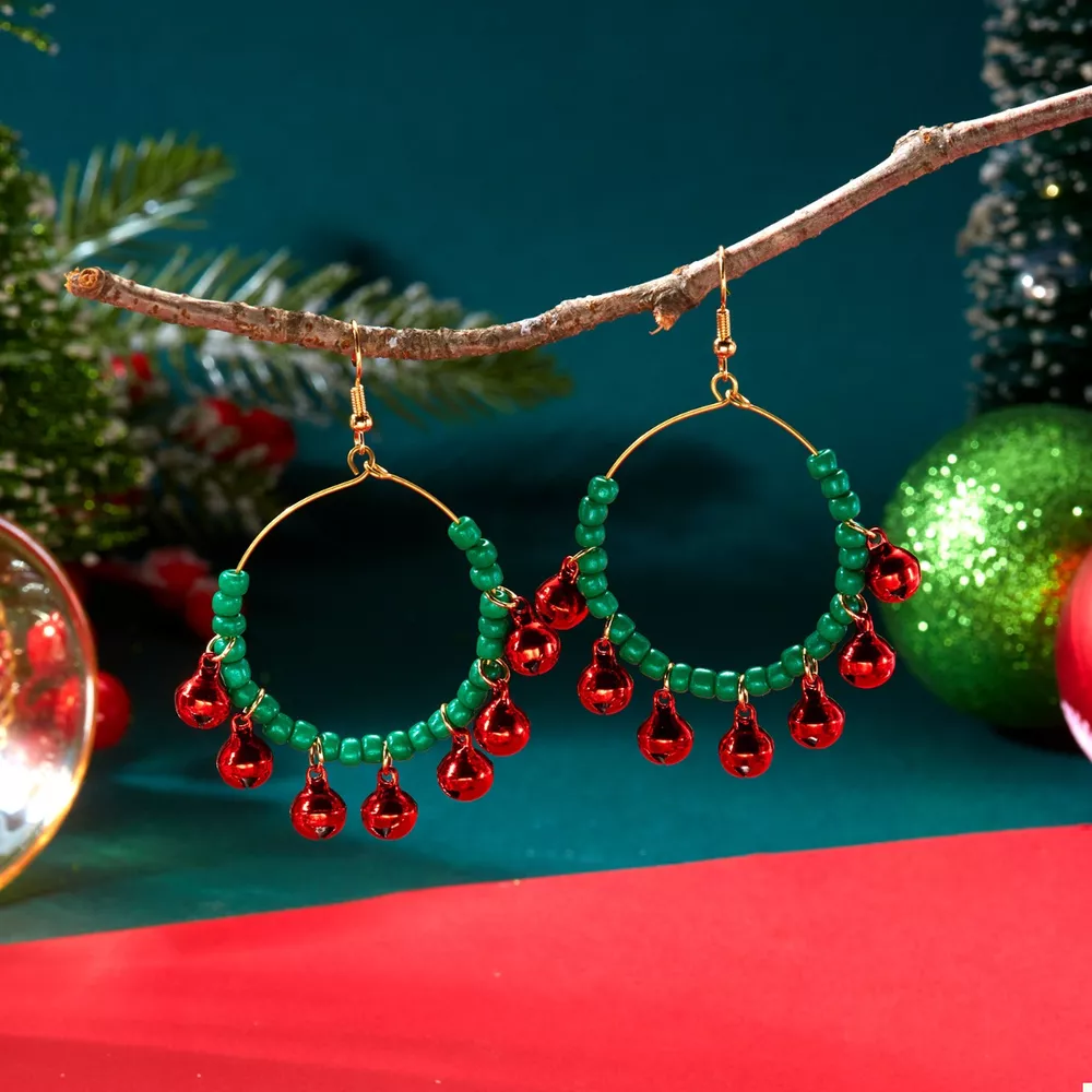 Christmas Beaded Hoop Earrings with Jingle Bells, image 3