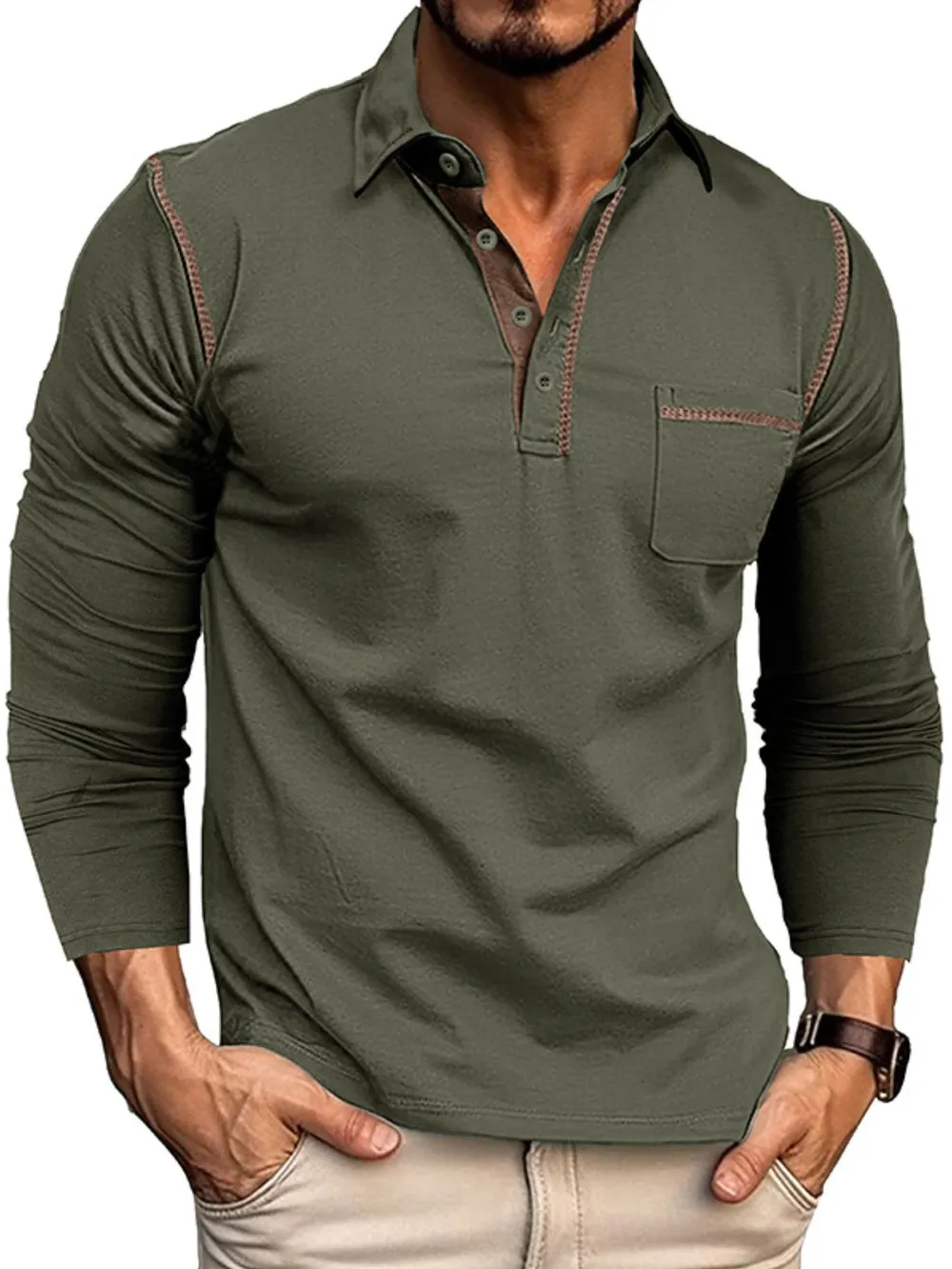 Men's Long Sleeve Polo Shirt with Contrast Stitching