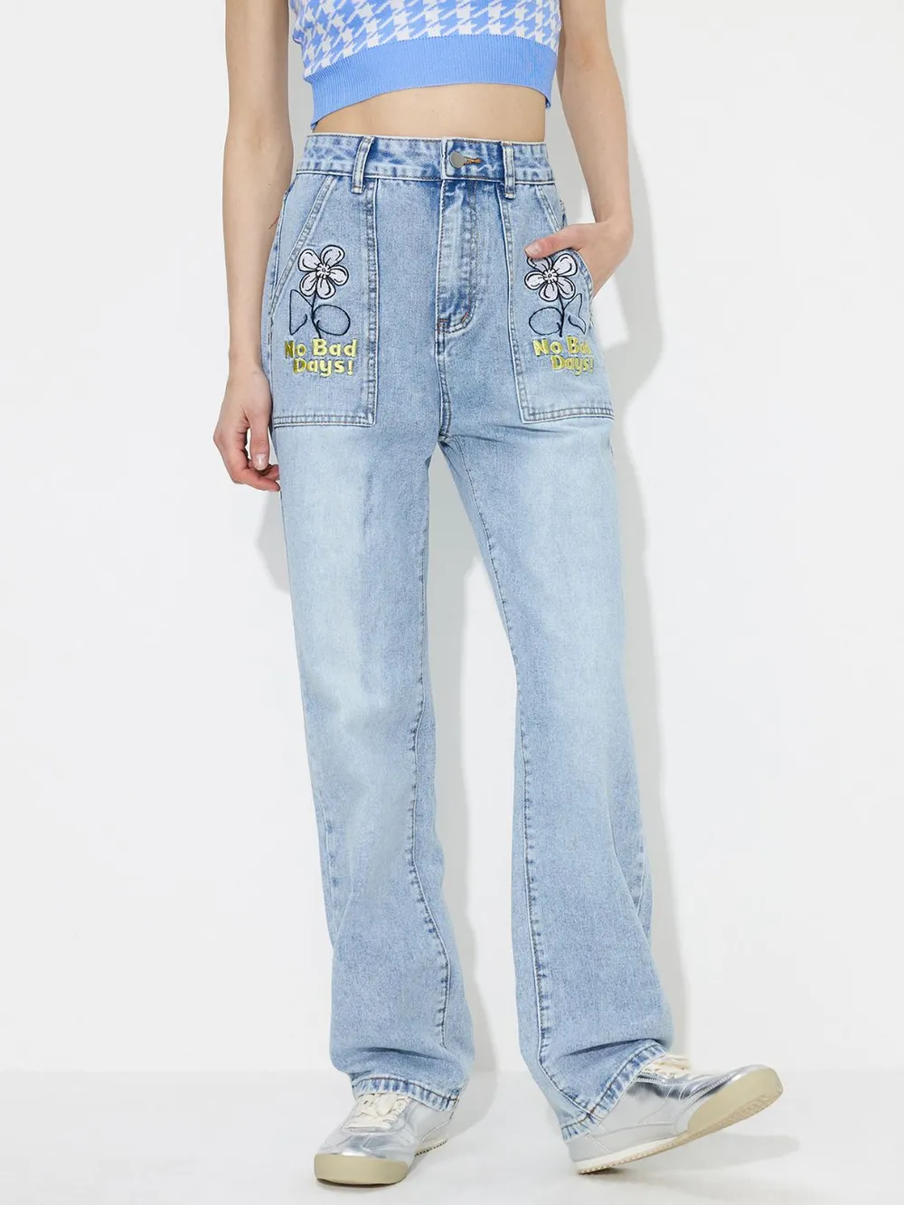 Flower High Rise Straight Leg Jeans with Pockets, image 5