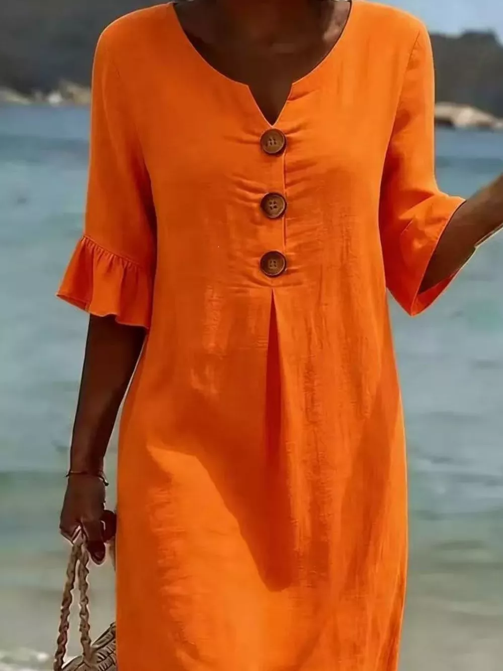 Full Size Button Decor Ruffle Sleeve Midi Dress Plus Size, image 10