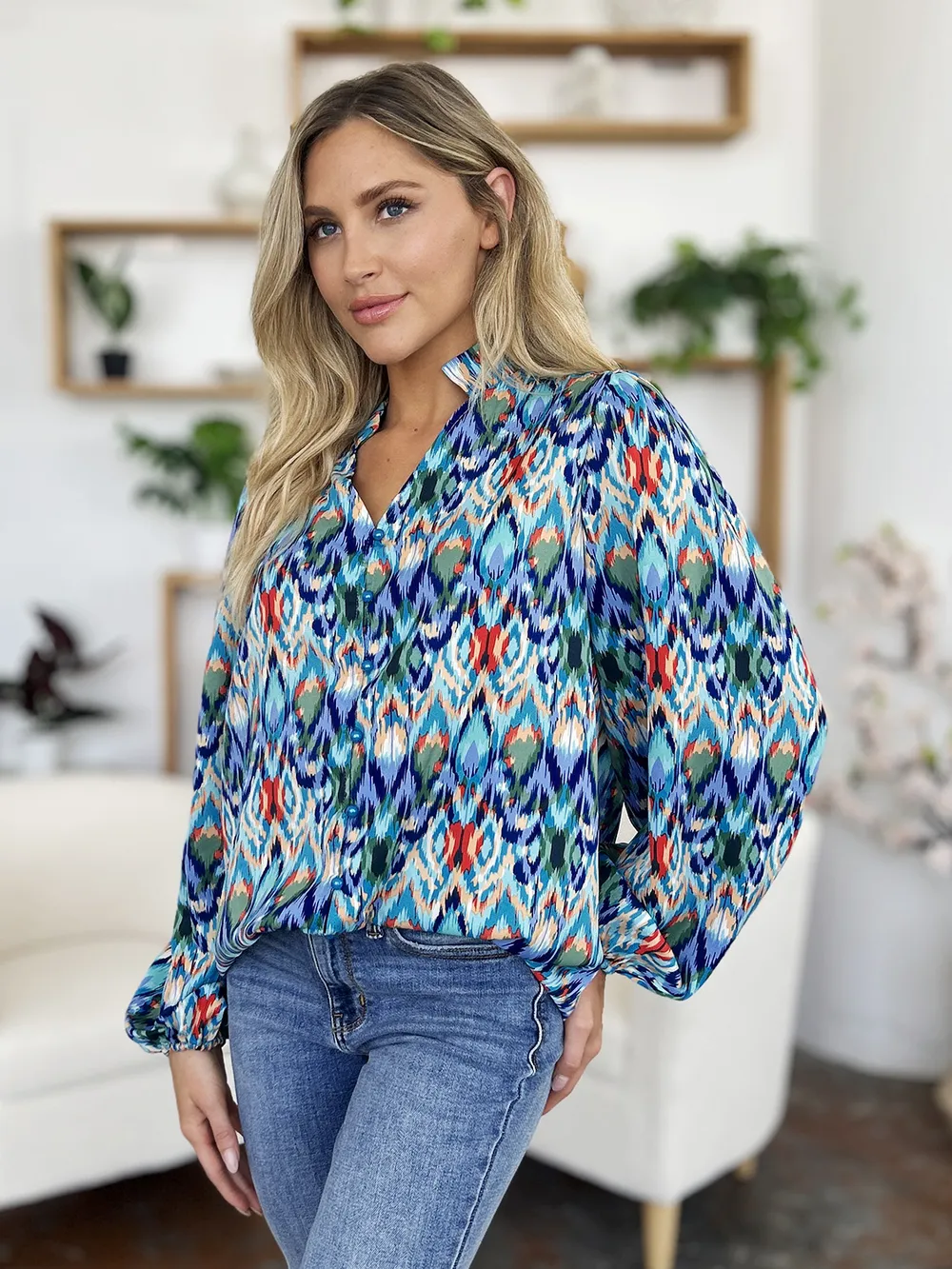 Full Size Printed Balloon Sleeve Blouse, image 23