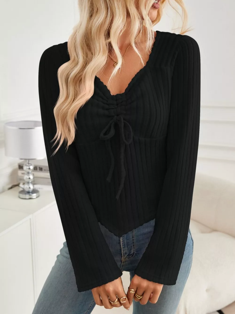 Ribbed Knit Drawstring Long Sleeve T-Shirt, image 14
