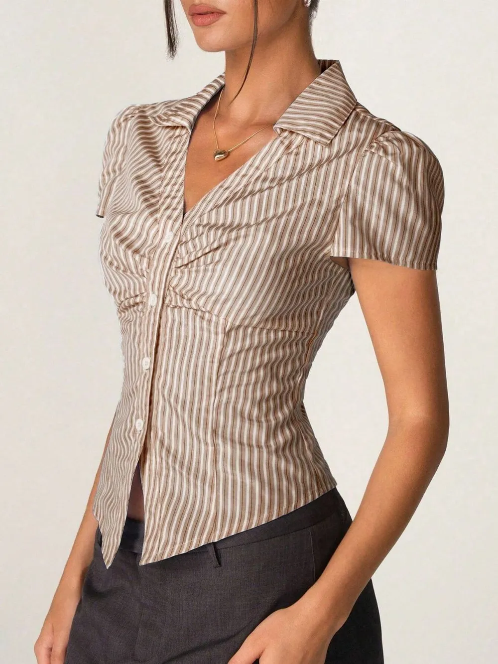 Striped Collared Neck Short Sleeve Shirt, image 13