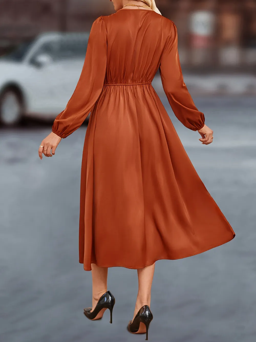 V-Neck Balloon Sleeve Midi Dress, image 4