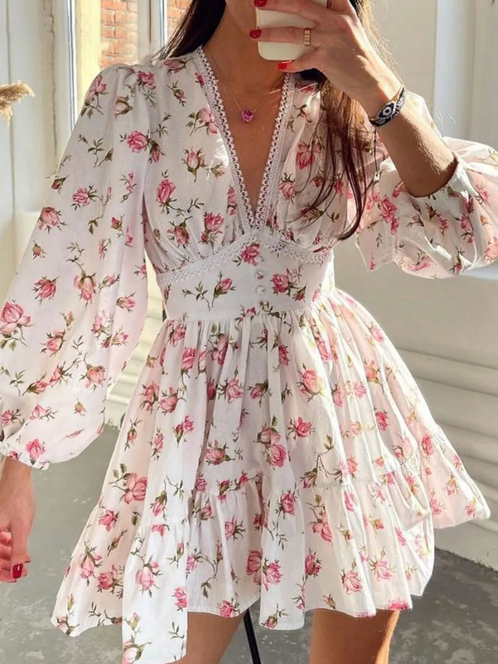 Lace Detail V-Neck Balloon Sleeve Dress, image 7