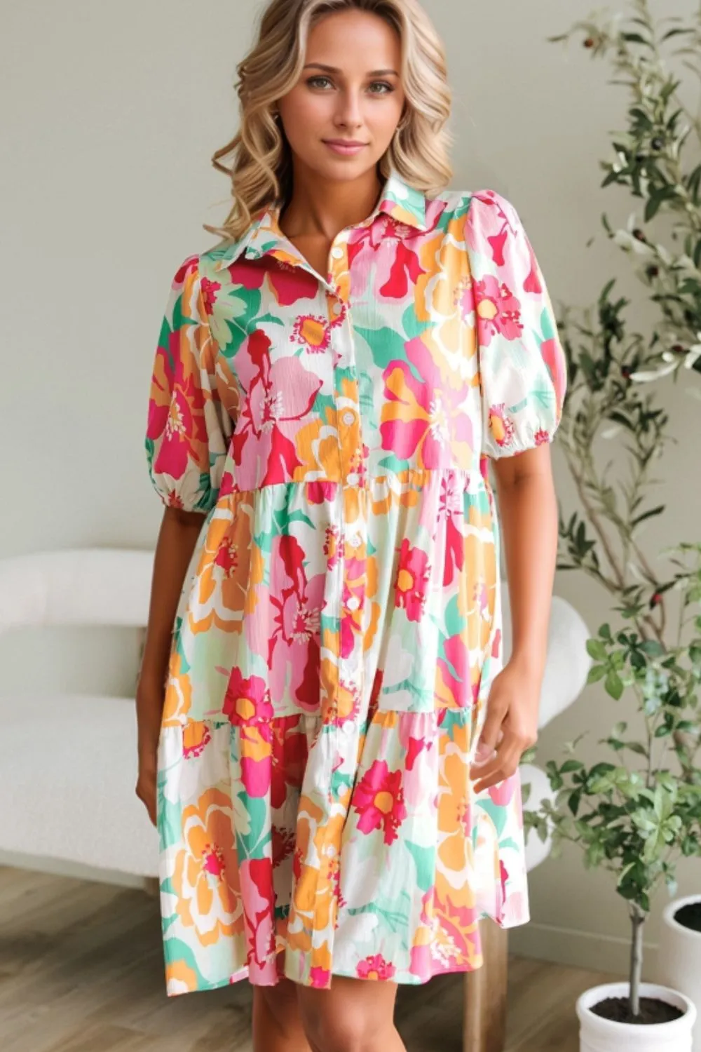 Button Down Floral Puff Sleeve Babydoll Dress, image 12