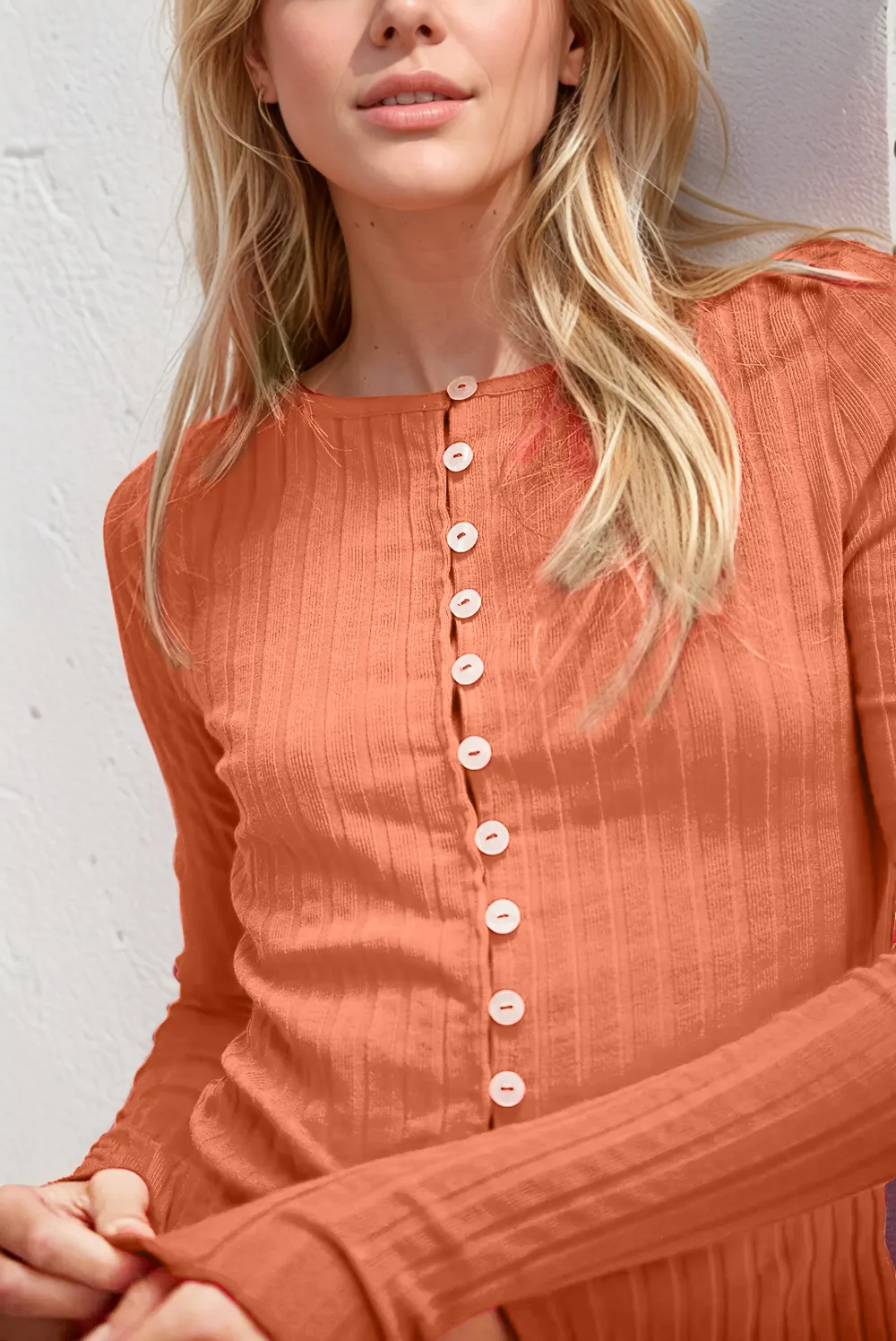 Texture Button Up Round Neck Long Sleeve Top, image 5