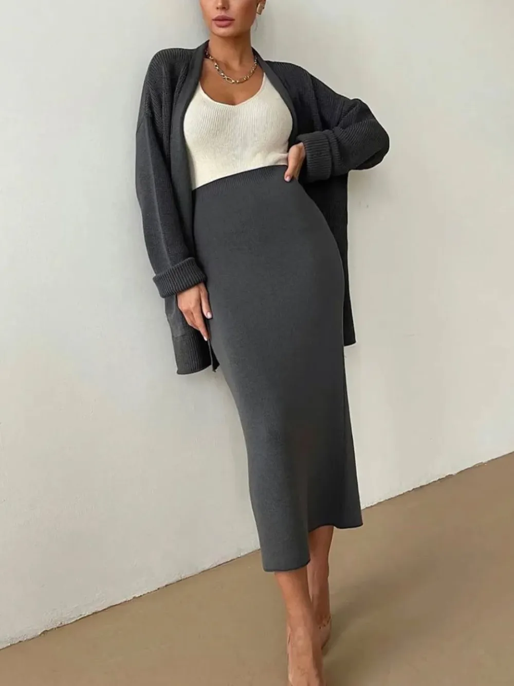 Pocketed Long Sleeve Cardigan and Skirt Sweater Set, image 18