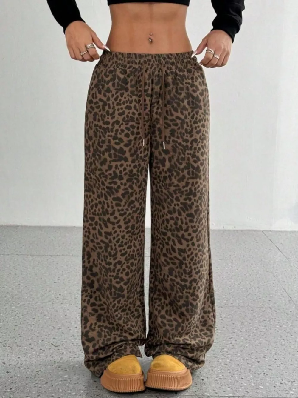 Leopard Drawstring Wide Leg Pants